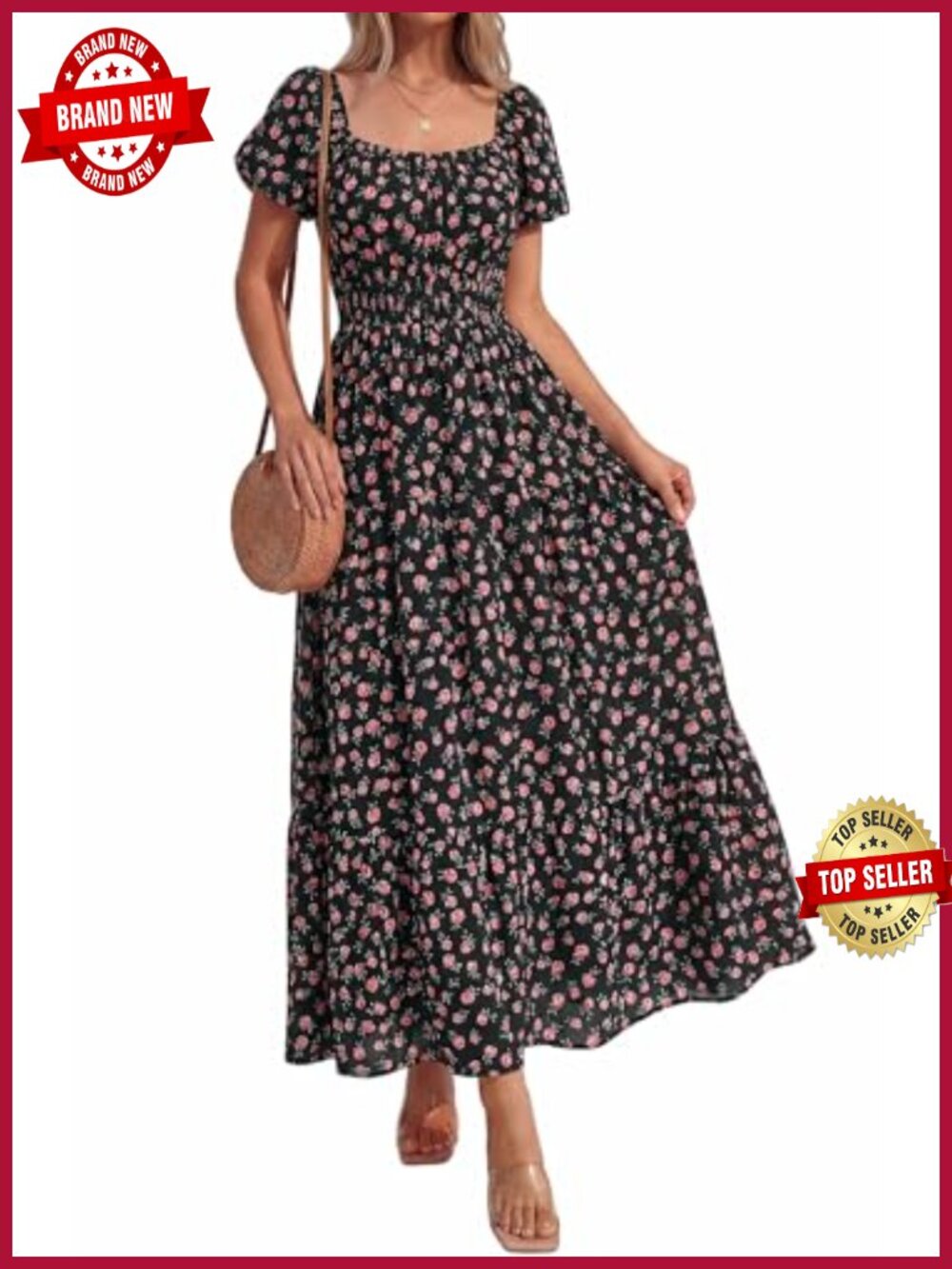 Women's Floral Smocked Tiered Maxi Dress Short Sleeve A-Line Square Neck